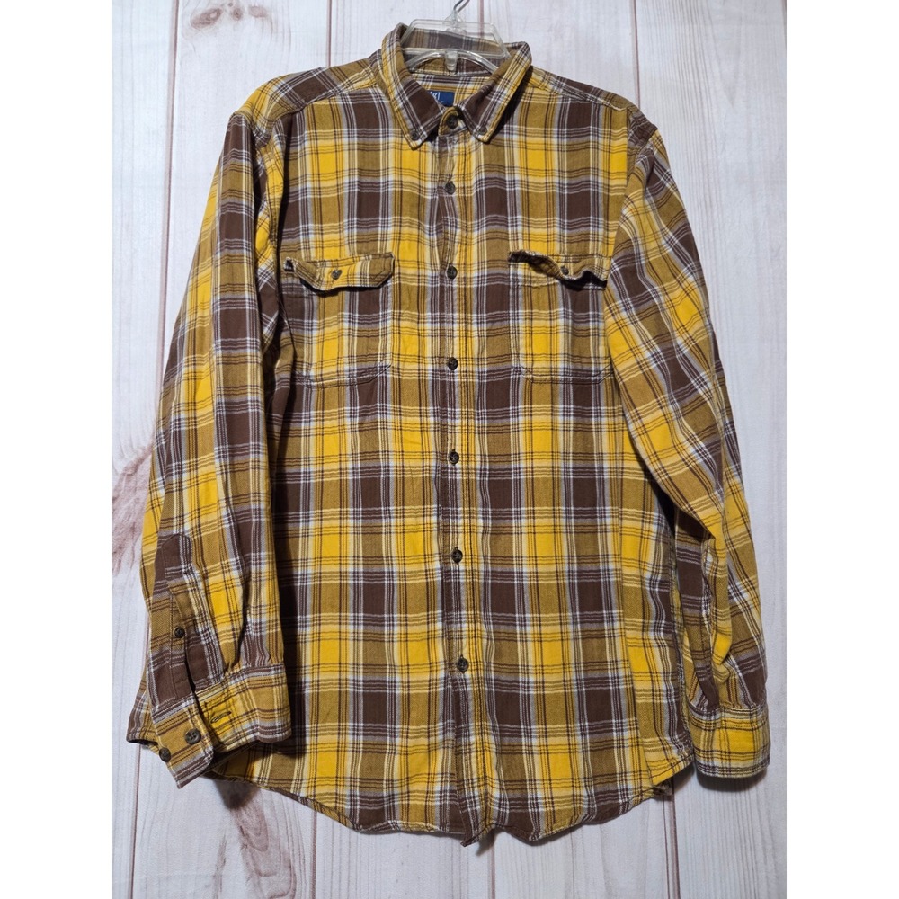 George Mens Yellow Brown Plaid Flannel Shirt XL Cotton Button Down Gorp Outdoor